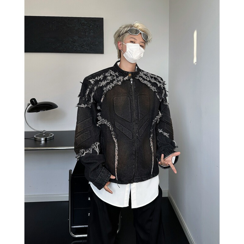 Cross-Border American Niche Retro Heavy Tassel Raw Edge Shoulder Pad Motorcycle Jacket Design Short Top for Men