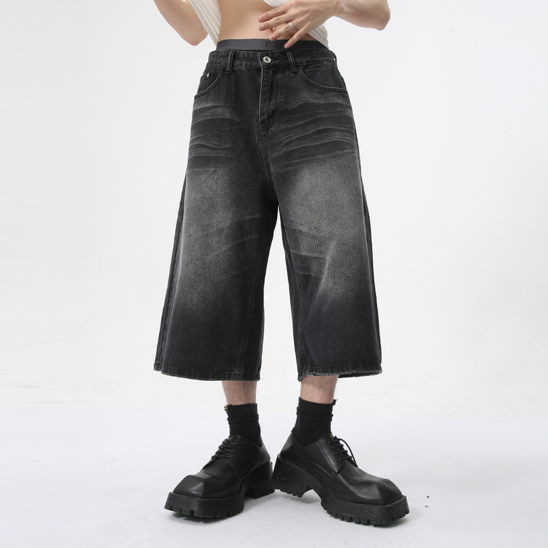 Mtlclothes Men's Clothing | American High Street Style Faded Washed Wide-Leg Loose-Fitting Cropped Denim Pants