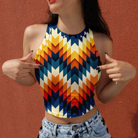 2021亚马逊夏季吊带背心上衣女式挂脖几何印花圆领无袖露脐背心