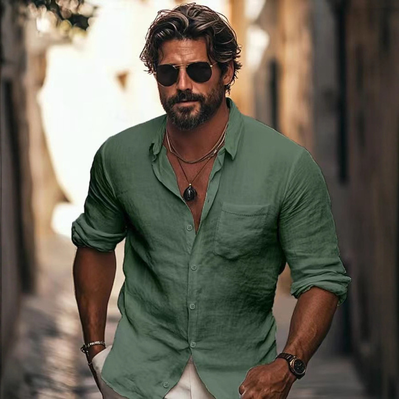 Amazon Cross-Border Spring and Autumn New Shirt Long-Sleeved Lapel Breathable Casual Men's New Chinese Style Pocket Shirt for Men