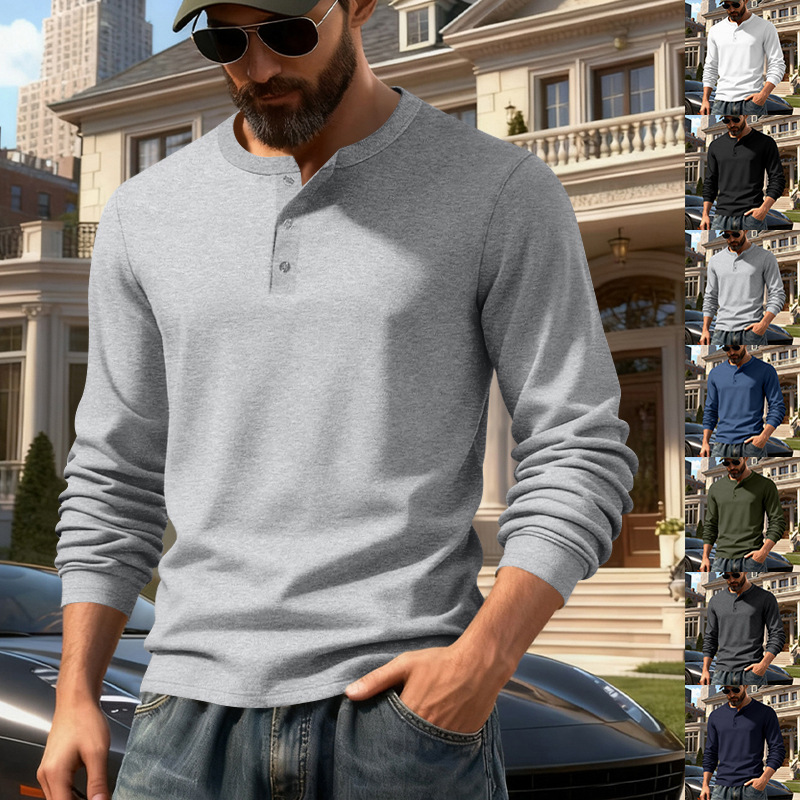 跨境独立站美式春秋男士户外休闲轻奢简约通勤亨利衫长袖打底衫男