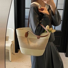 草编包海滩黑条纹2025新款休闲夏天单肩包时尚托特百搭包女士背包