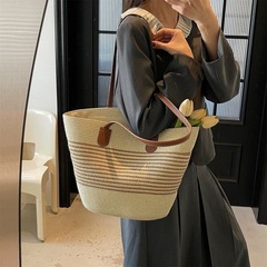 わらバッグビーチブラックストライプ 2025 新しいカジュアル夏ショルダーバッグファッショントート多用途バッグ女性のバックパック