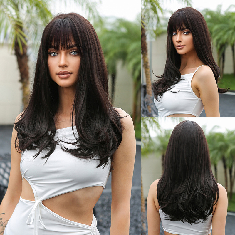 Wigs long curls female black medium long bangs curls large wave mix color woven fiber wig