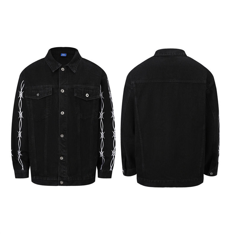 Men's Clothing Retro Style White Distressed Men's Jacquard Personalized Denim Jacket, Straight And Wide, Loose And Comfortable Outerwear, Denim Jacket_voghion.com