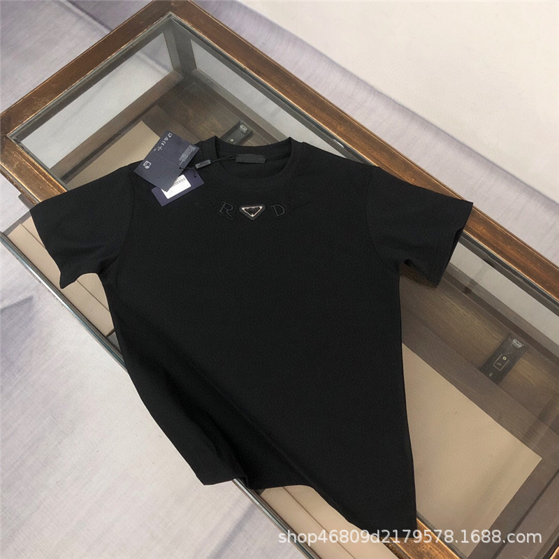 Correct Version of the Trendy Brand Pujia 25Ss New Triangle Logo Round Neck Short-Sleeved Pjia T-Shirt Collar Letter Embroider Ins