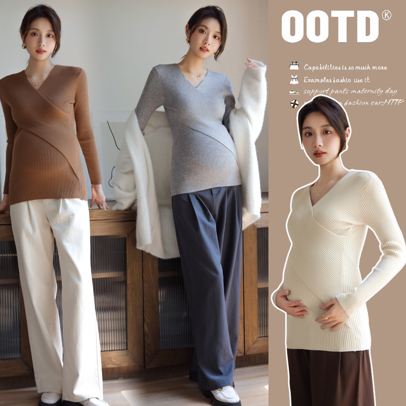 Maternity base shirt for autumn and winter 2026, new style inner knit top, gray cross-neck long-sleeve sweater for breastfeeding