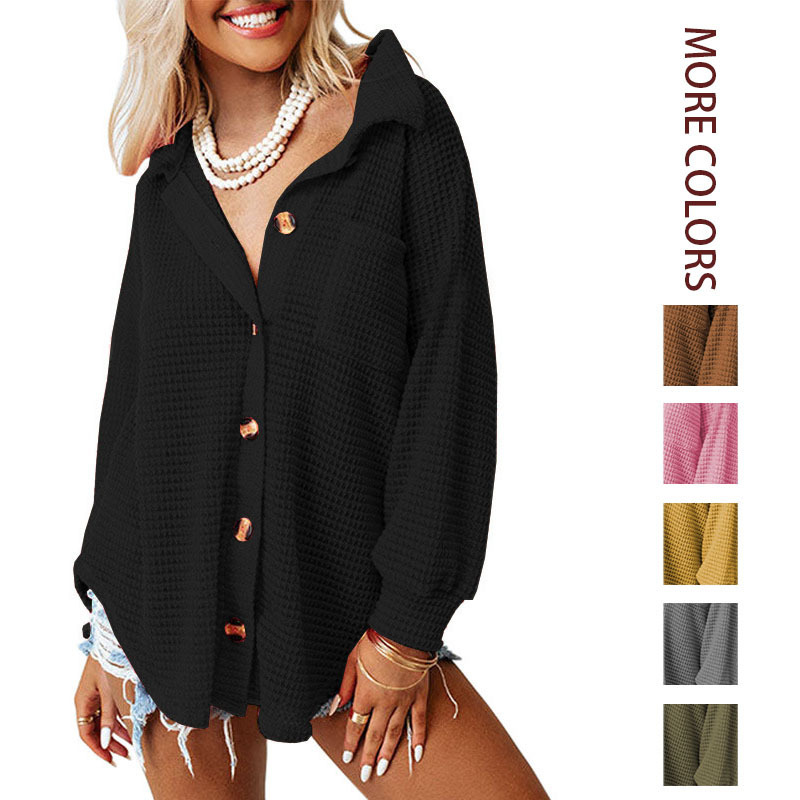 2026 Autumn and Winter New European and American Waffle Casual Shirt for Women Amazon Export Pure Color Long-Sleeved Cardigan Knitwear 2026 Autumn and Winter New European and American Waffle Casual Shirt for Women Amazon Export Pure Color Long-Sleeved Cardigan Knitwear