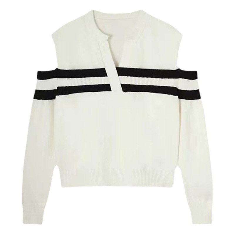 Estilo francés fuera del hombro suéter con cuello en v para mujeres 2023 otoño nuevo hilo de costura en blanco y negro todo fósforo estilo chanel top image 1