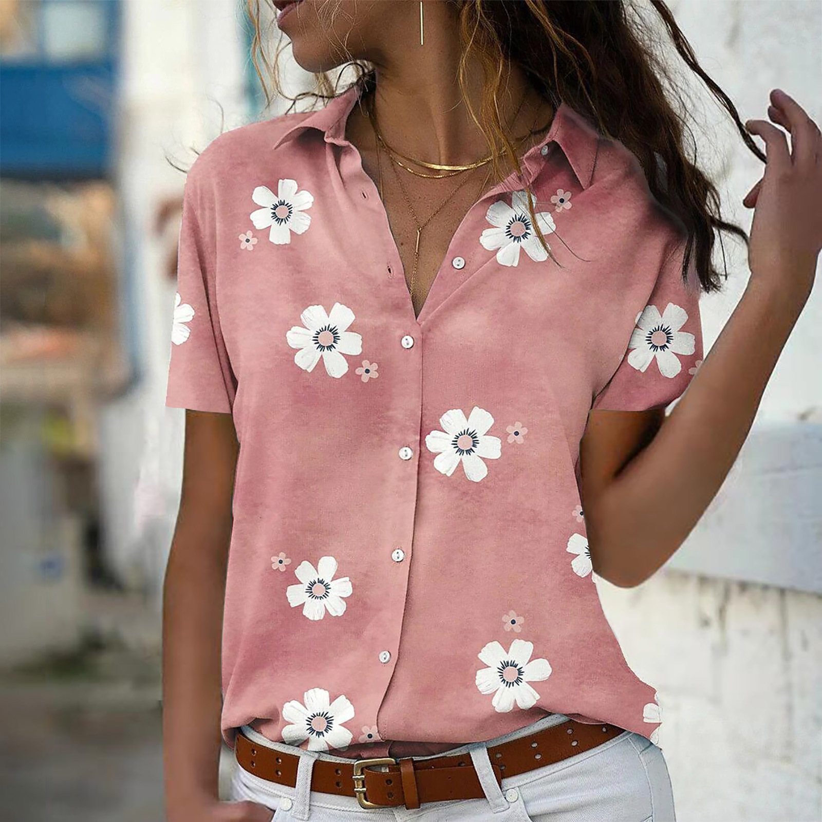 Fashion Flower Cotton Blend Polyester Shirt Collar Long Sleeve Regular Sleeve Printing Blouse