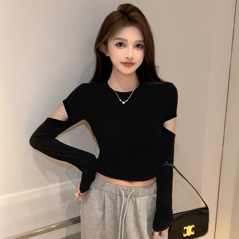 螺纹黑色长袖破洞紧身上衣半高领打底衫女秋冬加绒保暖短款t恤潮|undefined