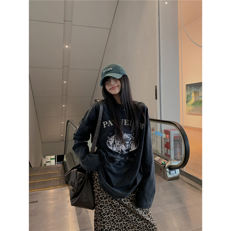 美式印花中长款卫衣+豹纹半身裙女2025年秋季新款韩版时尚套装潮|undefined