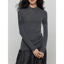 超细6%羊毛细坑条修身内搭女早秋套头针织打底衫基础百搭上衣黑色