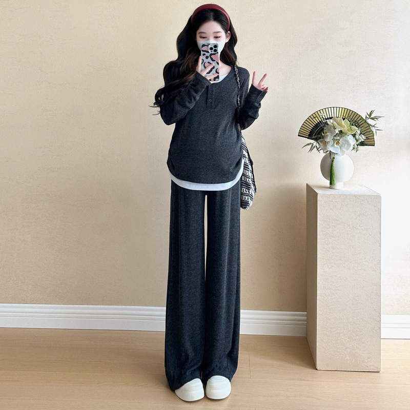 现货孕妇装秋装新款慵懒风假两件上衣+阔腿裤孕妇两件套装|undefined