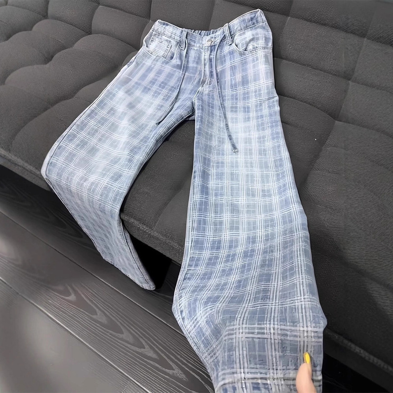 American Blue Plaid Bootcut Jeans Men's Cleanfit Lazy Style Pants Straight Wide Leg Pants