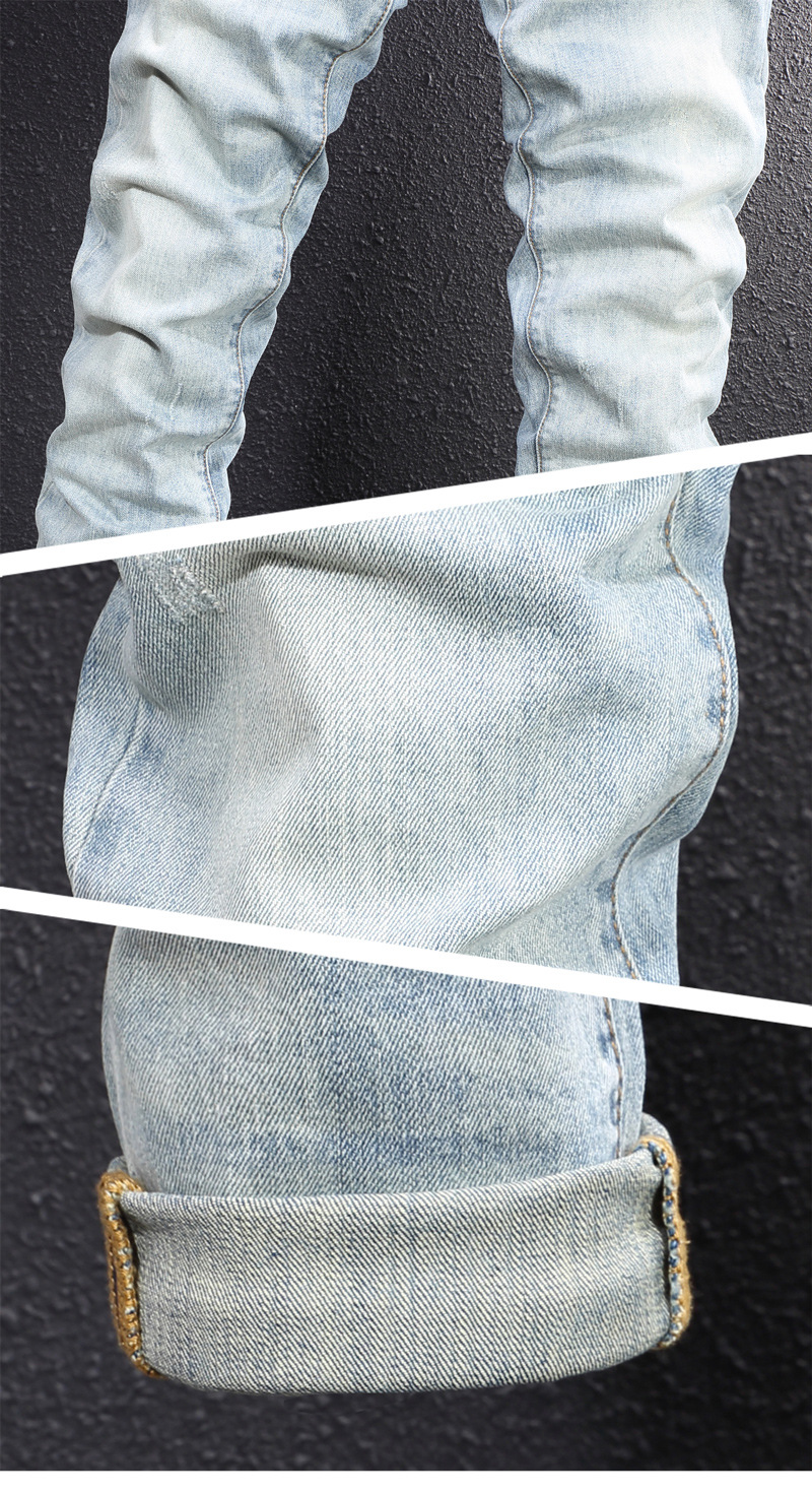 Men's Slim Fit Vintage Washed Blue Jeans Distressed Skinny Denim Pants Faded And Ripped Details Streetwear Style_voghion.com