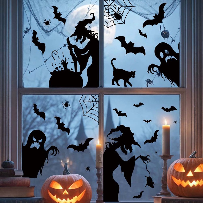 新しいハロウィンウィンドウステッカー魔女シルエットガラス窓装飾ステッカー黒猫コウモリホリデーウォールステッカーpvc自己粘着|undefined