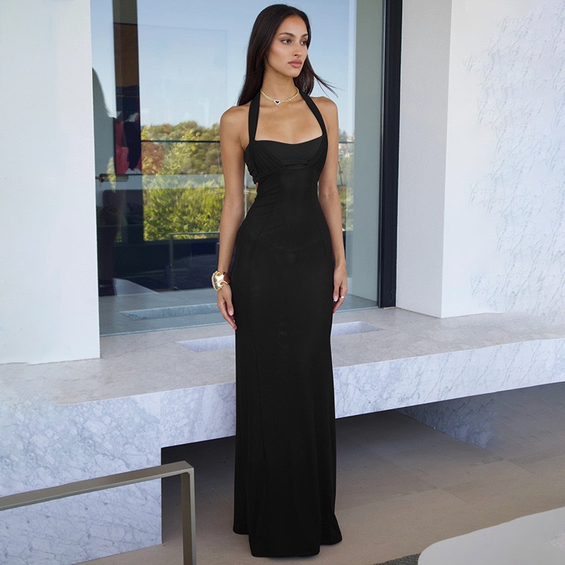 2024 verano nueva estación independiente de ropa de mujer europea y americana temperamento sexy cuello colgante delgado empalme mochila vestido de cadera