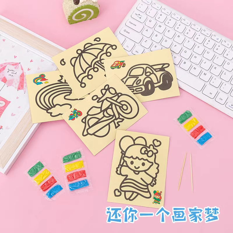 Children's Colored Sand 100 Sand Paintings Scratch-Off Painting Set Kindergarten Boys and Girls Primary School Students Handmade DIY Production Materials