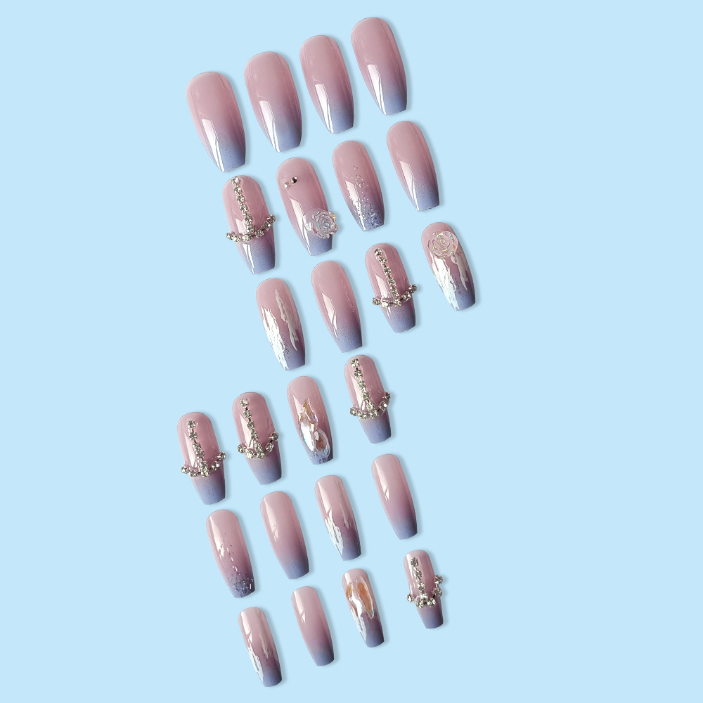 Color rosa-púrpura gradiente perforación de uñas, fantasía hermosa viento para usar uñas de ballet, 24 piezas de parche de uñas terminadas image 4