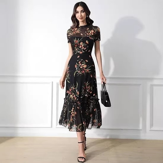 Women's Summer Floral Mesh Ruched Dress Short Sleeve Round Neck Waist Cinching Casual Maxi Wedding Guest Dress Women's Summer Floral Mesh Ruched Dress Short Sleeve Round Neck Waist Cinching Casual Maxi Wedding Guest Dress