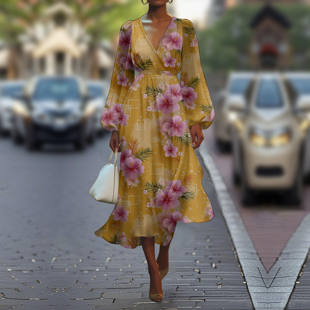 Women's V-Neck Dress Summer Fashion Floral Puff Sleeve Dress_ecoleips.com