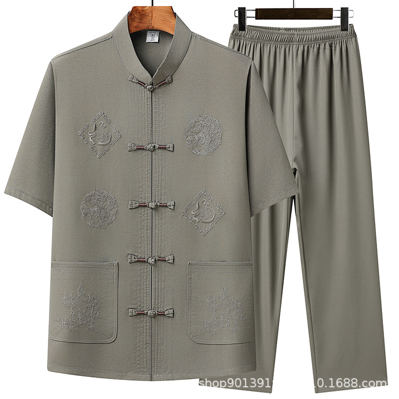Middle-aged Summer Short-sleeved Ice Silk Cotton Shirt Men's Tang Clothes Grandpa Loose Shirt Summer Dad Casual suit