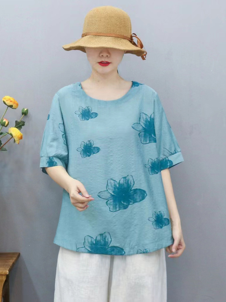 Nueva camiseta de mujer de estilo chino suelta impresa de manga corta para mujer camisa de fondo de verano Jersey cuello redondo artístico casual image 3