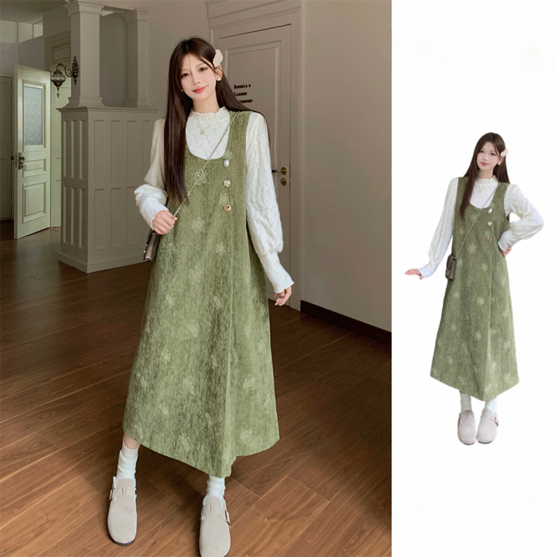 French High-End Gentle Style Suspender Skirt Women's Autumn and Winter Large Size Fat mm Lace Retro Sleeveless Vest Dress