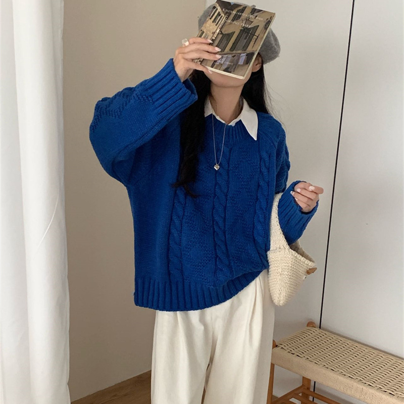 Lazy Style Thick Hemp Flower Knitwear for Women 2025 Korean Style Autum New Pullover Knitwear Preppy Style Petite Knitwear