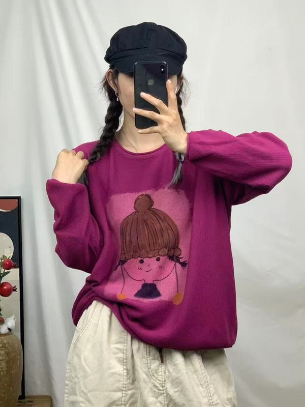 新品厚款复古宽松圆领套头棉线针织衫卡通印花毛衣女|undefined