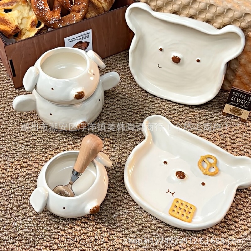 Cross-Border Cute Bear Ceramic Tableware Original High-Value Home-Use Rice Bowl, Dish Plate, Stew Pot, Breakfast Cup Set