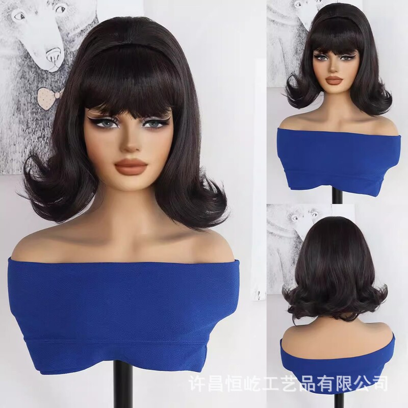 Wig with Retro Upturned Curls, European and American Style, Black Classic Pear Blossom Curls, 50S, 60S, 70S, 80S, 90S Hong Kong Style Wig, European and American