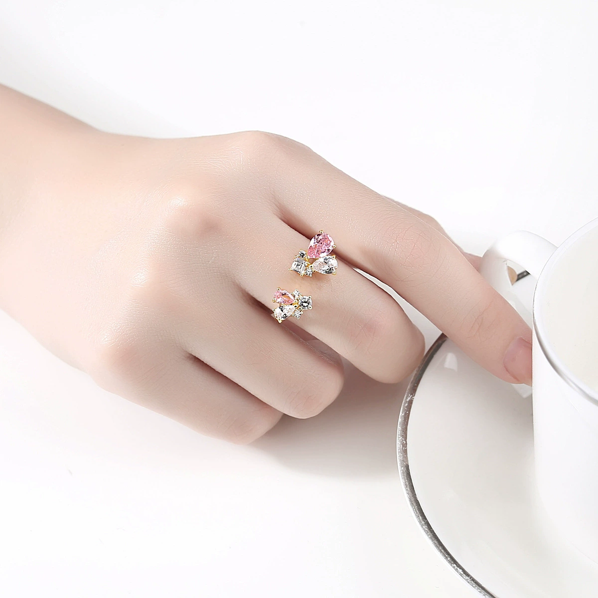 Copper Adjustable Ring, Zirconia Flower Accent, One Size Open Band, 750 Gold Color
