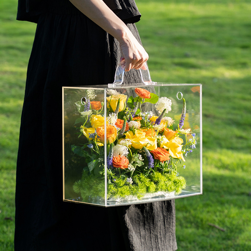 Caja de regalo de amor portátil de espejo personalizado al por mayor flores CD caja de flores de acrílico transparente caja de regalo de tapa de cesta de flores