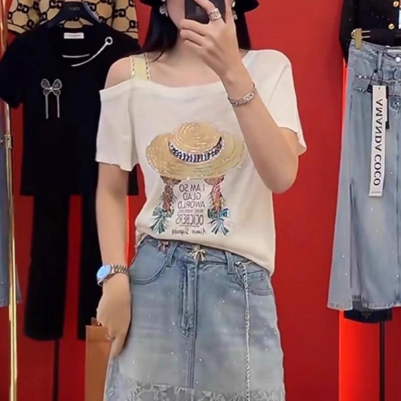 フレンチオフショルダーファッションプリントTシャツ女性用2025夏新スタイルヘビーデューティホットダイヤモンドデザインルーズスリム半袖トップ|undefined
