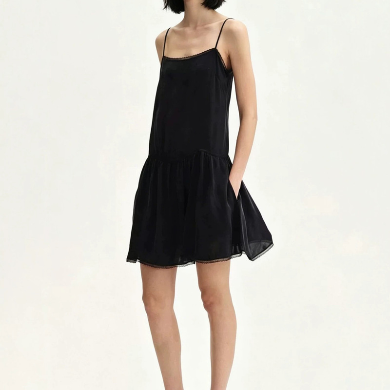 In Stock: Lyocell Satin "Slip on Little Black Dress" Lace Patchwork Slip Dress, Black In Stock: Lyocell Satin "Slip on Little Black Dress" Lace Patchwork Slip Dress, Black