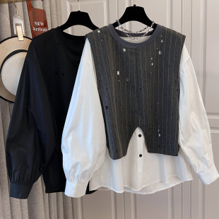 A unique design sense fake two-piece vest splicing shirt top women's early spring new style hot diamond temperament trendy shirt