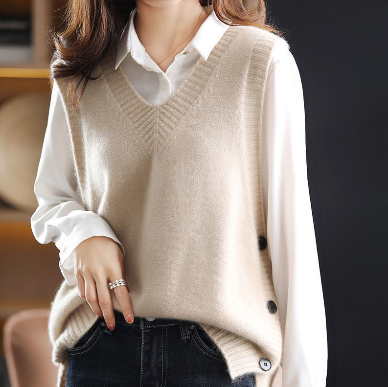Side Buttoned Knitted Vest Spring & Fall Outer Wear 2024 New Japanese and Korean Loose Lazy Style V Neck Sweater Vest for Women