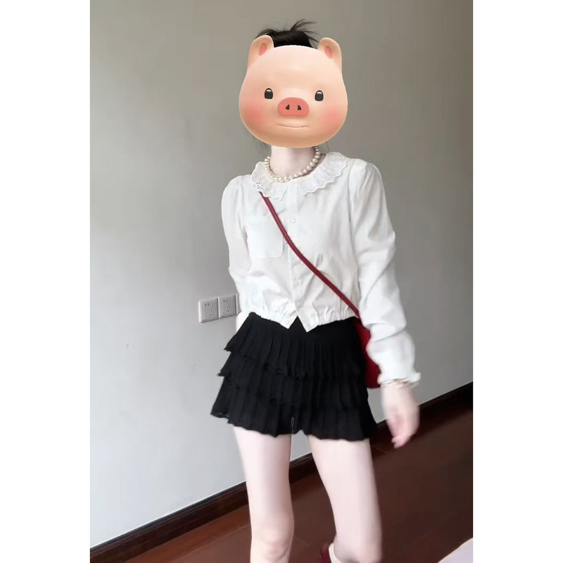 清纯系绝美套装女2025早秋新款蕾丝拼接长袖衬衫a字半身裙两件套|undefined