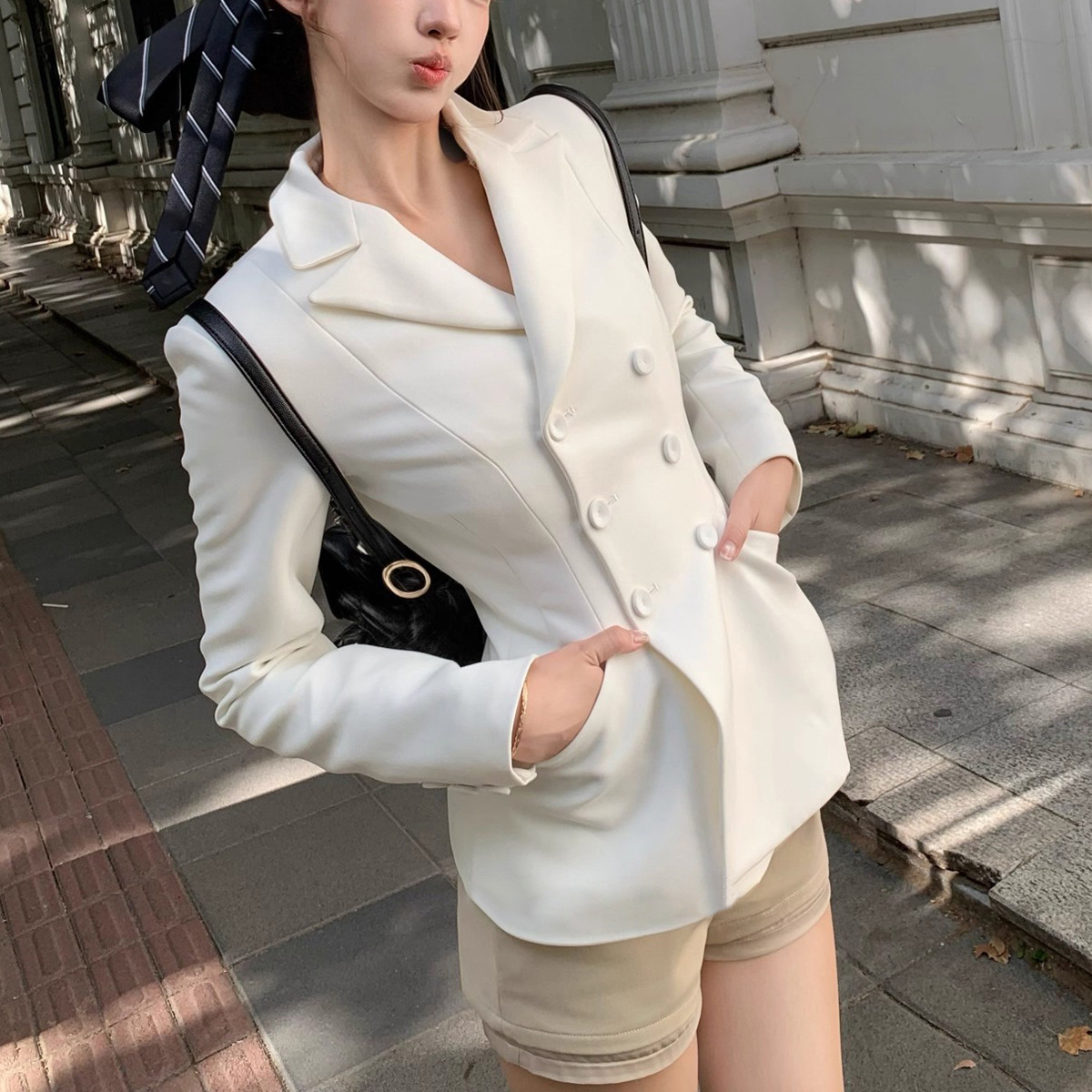 [Classic Reappearance] Lady Eight-Shape Black Waist-Cinching Suit Jacket Women's Double-Breasted Windbreaker Short Coat for Autumn
