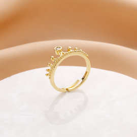 跨境时尚饰品镂空皇冠活口戒指 女开口指环18K镀金铜锆石微镶设计