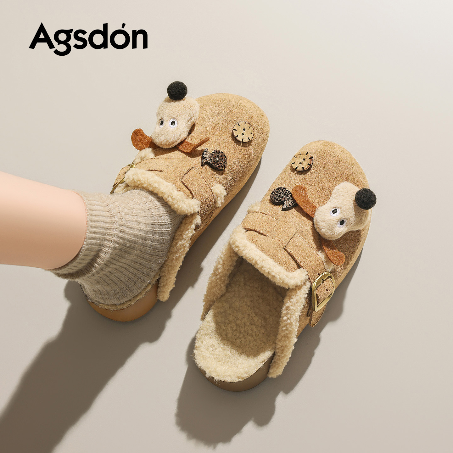 Augu Lion Dengjia veludo Bocken zapatos mujeres 2025 nuevo invierno agujero de fondo grueso agujero de cabeza media zapatillas de un pie zapatos de algodón