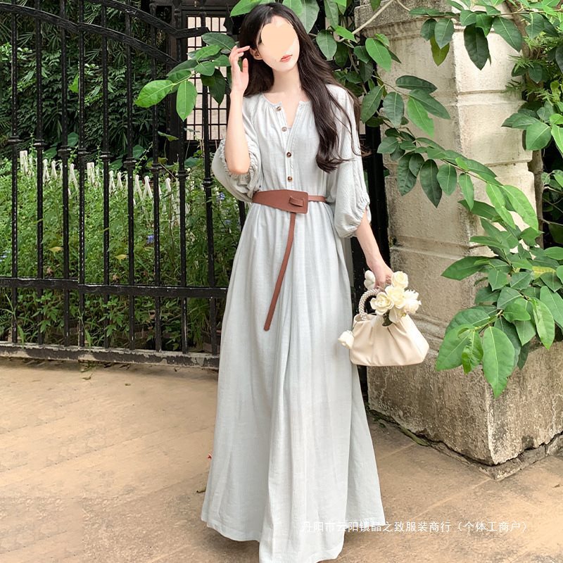 大码女装2025夏季气质休闲遮肉显瘦连衣裙设计感气质法式字长裙|undefined