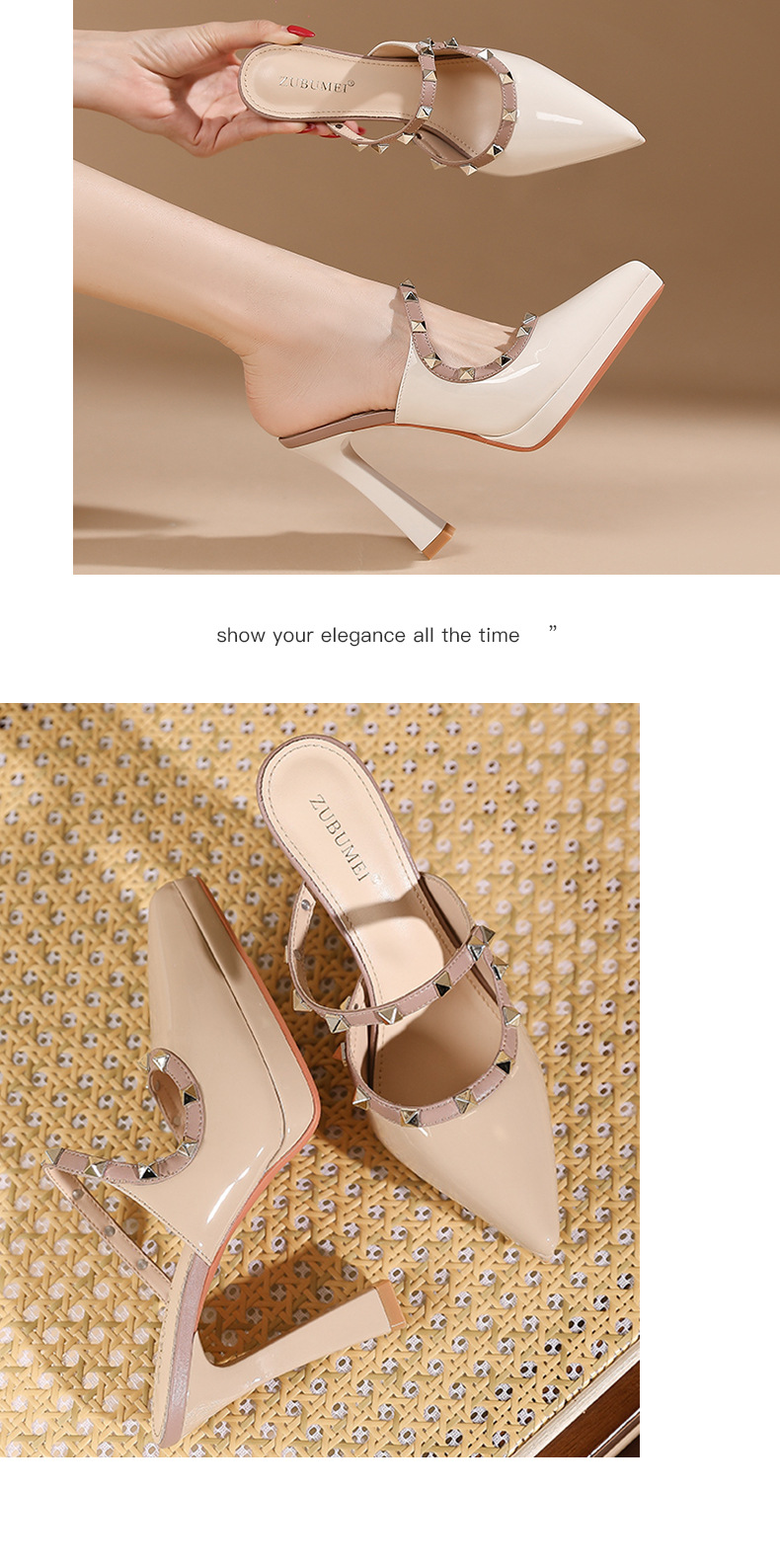Sandal cao gót nữ mũi nhọn quai ngang đinh tán đế xuồng gót 10 cm — Màu da-10cm chi tiết 7