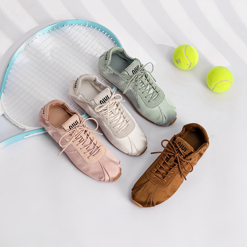 Early Spring New Satin Flat Lace-Up Casual Ballet Trainers for Women, Korean Style Versatile Comfortable Round-Toe Sneakers for Women