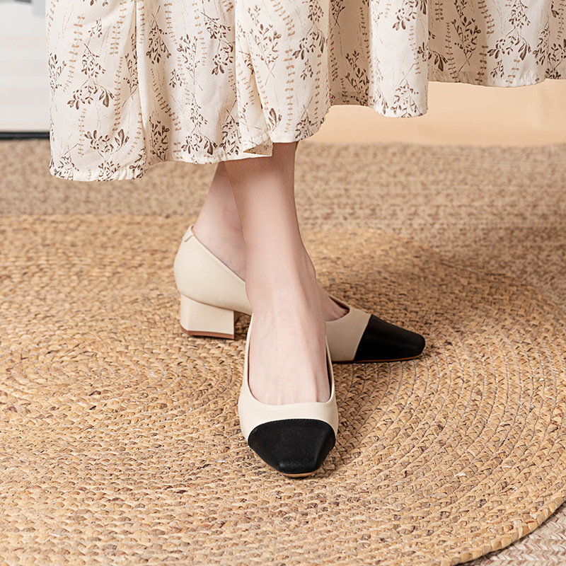 Net rote Schaffell-Ledernähte flacher Mund Einzelschuhe Damen 2023 Frühjahr neue quadratische Zehen dicker Absatz Damenschuhe weiches Leder High Heels_voghion.com