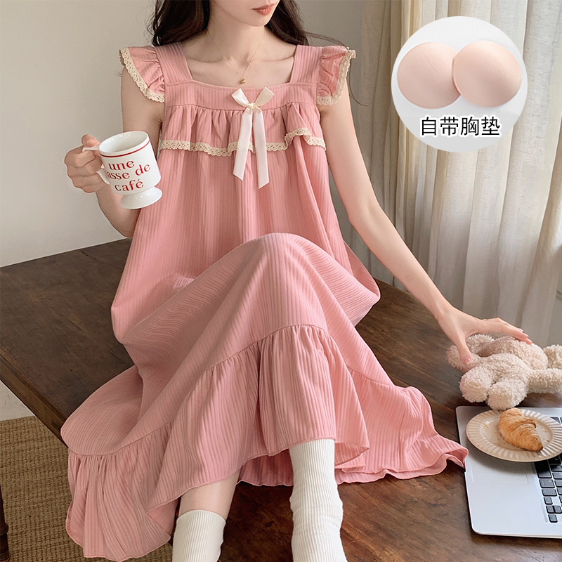 Pijama con cojín de pecho vestido de mujer simple dulce lindos pijama arco de rodilla vestido de cabina de vestir para el hogar de verano