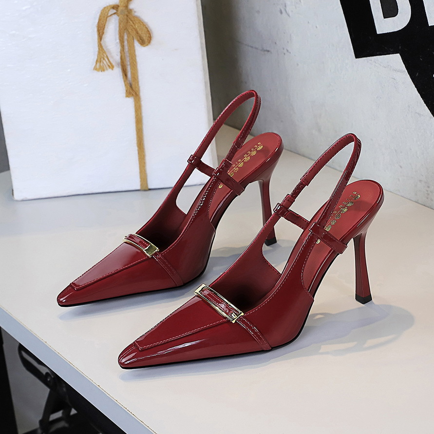 2629-2 European And American Style Sexy Pointed Toe Stiletto Super High Heels Single Shoes Patent Leather Metal Buckle_vogvips.com