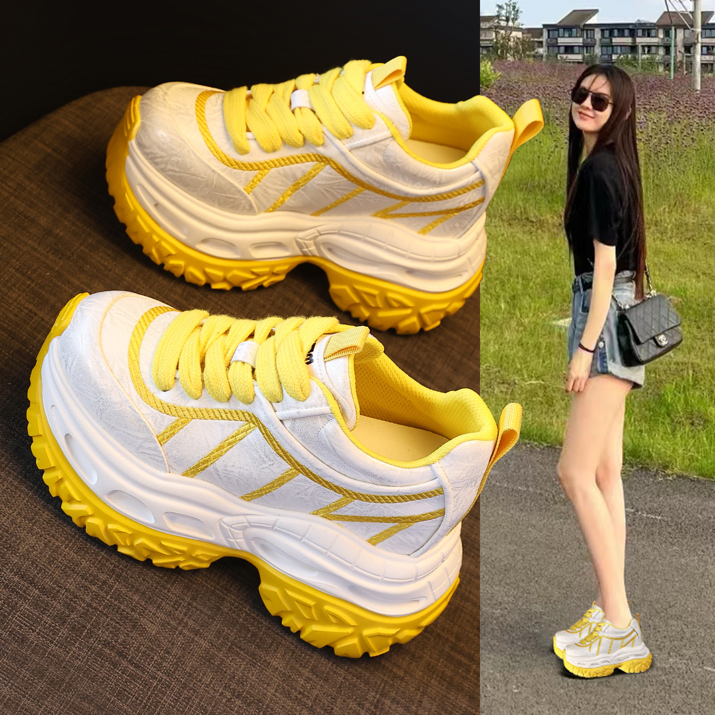 Giày sneaker nữ chunky đế dày tăng chiều cao phong cách thể thao — màu hồng